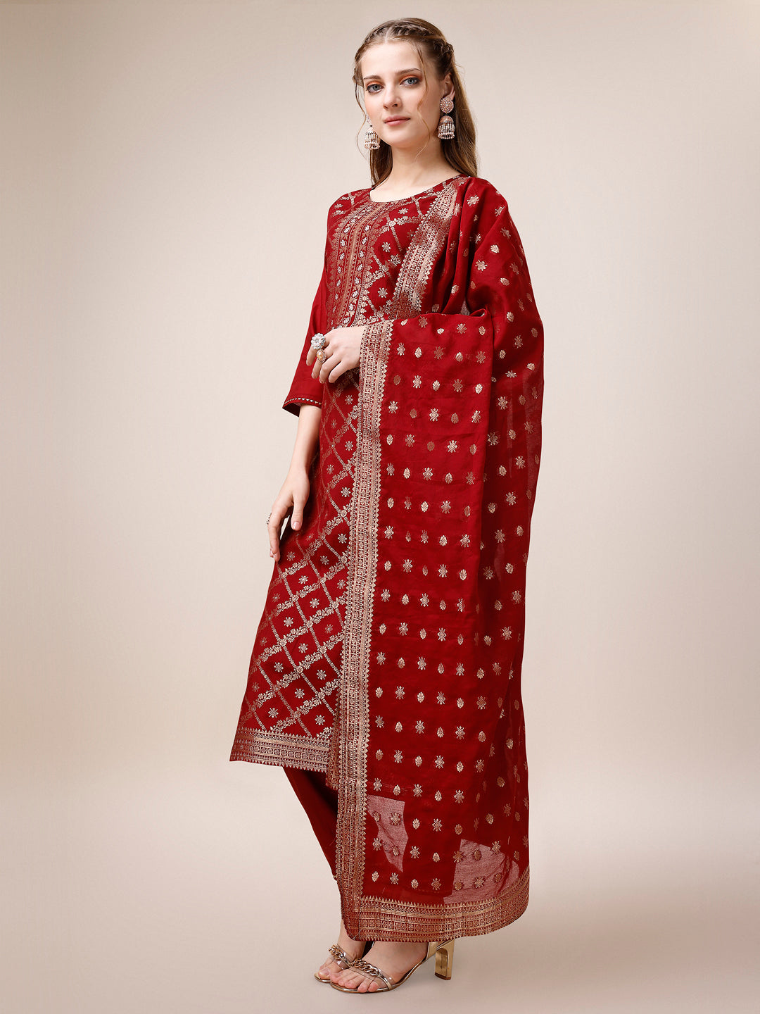 Pure Maslin Jacquard Kurta With Pant And Dupatta Set, Multicolor - Hiral Fashion