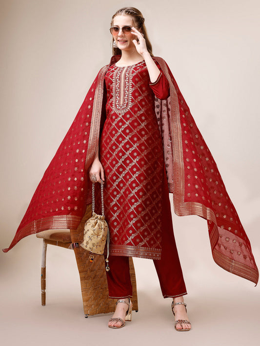 Pure Maslin Jacquard Kurta With Pant And Dupatta Set, Multicolor - Hiral Fashion