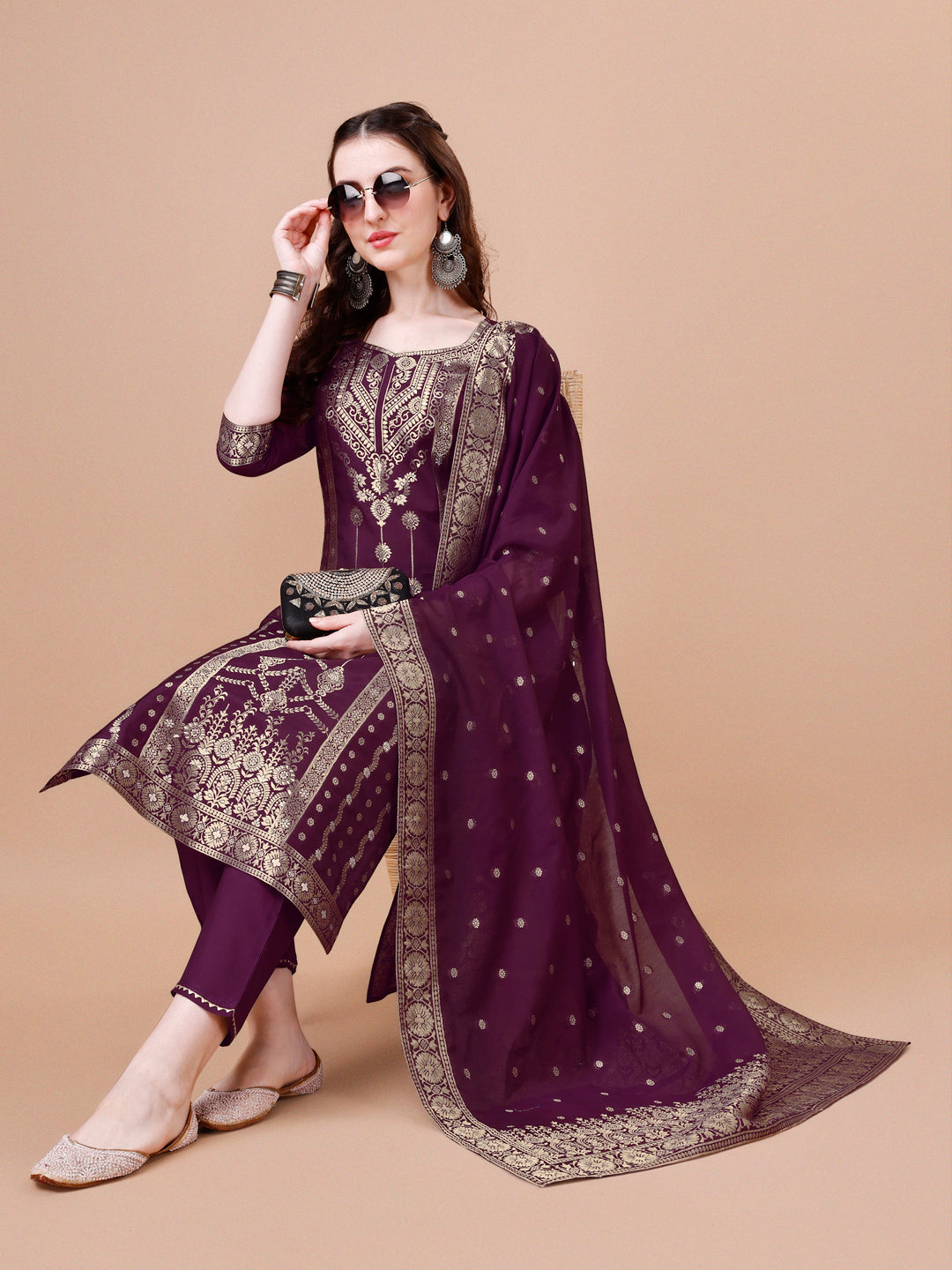 Pure Muslin Banarasi Jacquard Kurta Trousers & Dupatta, Multicolor - Hiral Fashion