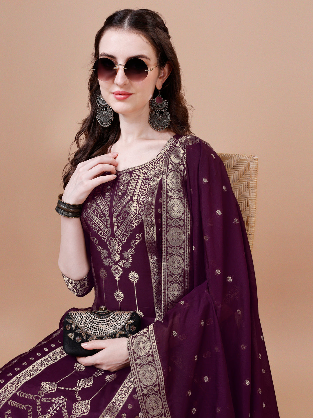 Pure Muslin Banarasi Jacquard Kurta Trousers & Dupatta, Multicolor - Hiral Fashion