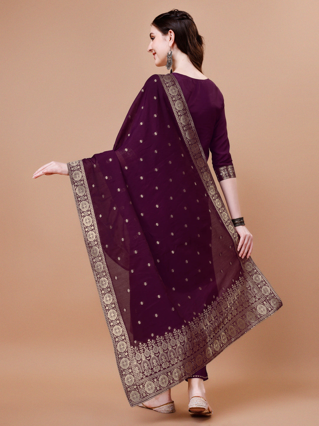 Pure Muslin Banarasi Jacquard Kurta Trousers & Dupatta, Multicolor - Hiral Fashion