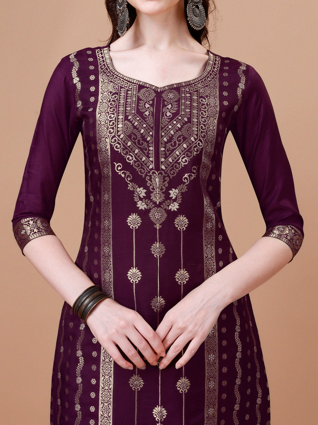 Pure Muslin Banarasi Jacquard Kurta Trousers & Dupatta, Multicolor - Hiral Fashion