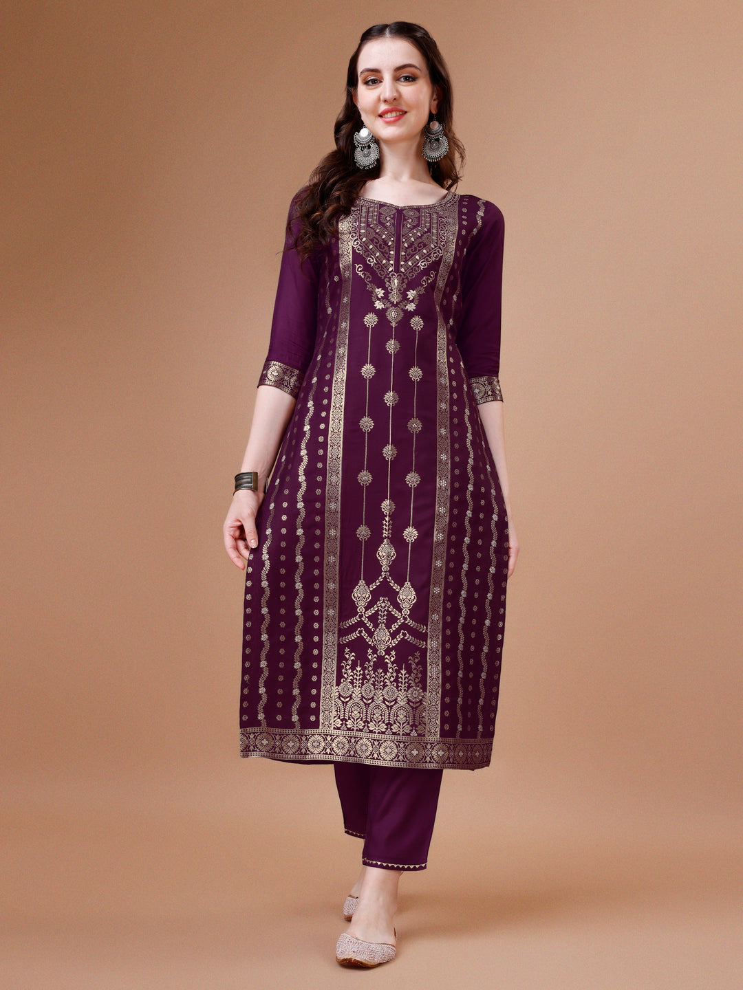 Pure Muslin Banarasi Jacquard Kurta Trousers & Dupatta, Multicolor - Hiral Fashion