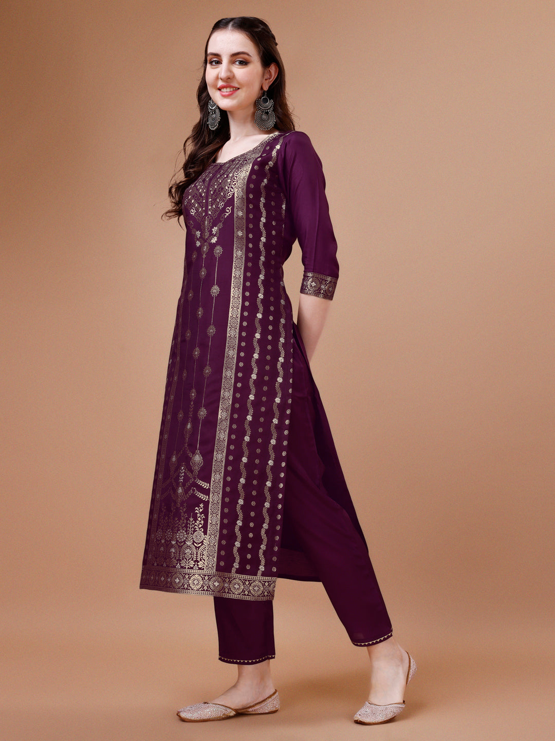 Pure Muslin Banarasi Jacquard Kurta Trousers & Dupatta, Multicolor - Hiral Fashion
