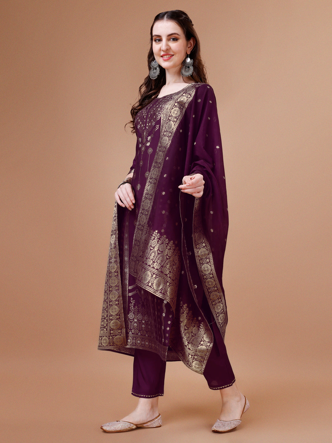 Pure Muslin Banarasi Jacquard Kurta Trousers & Dupatta, Multicolor - Hiral Fashion