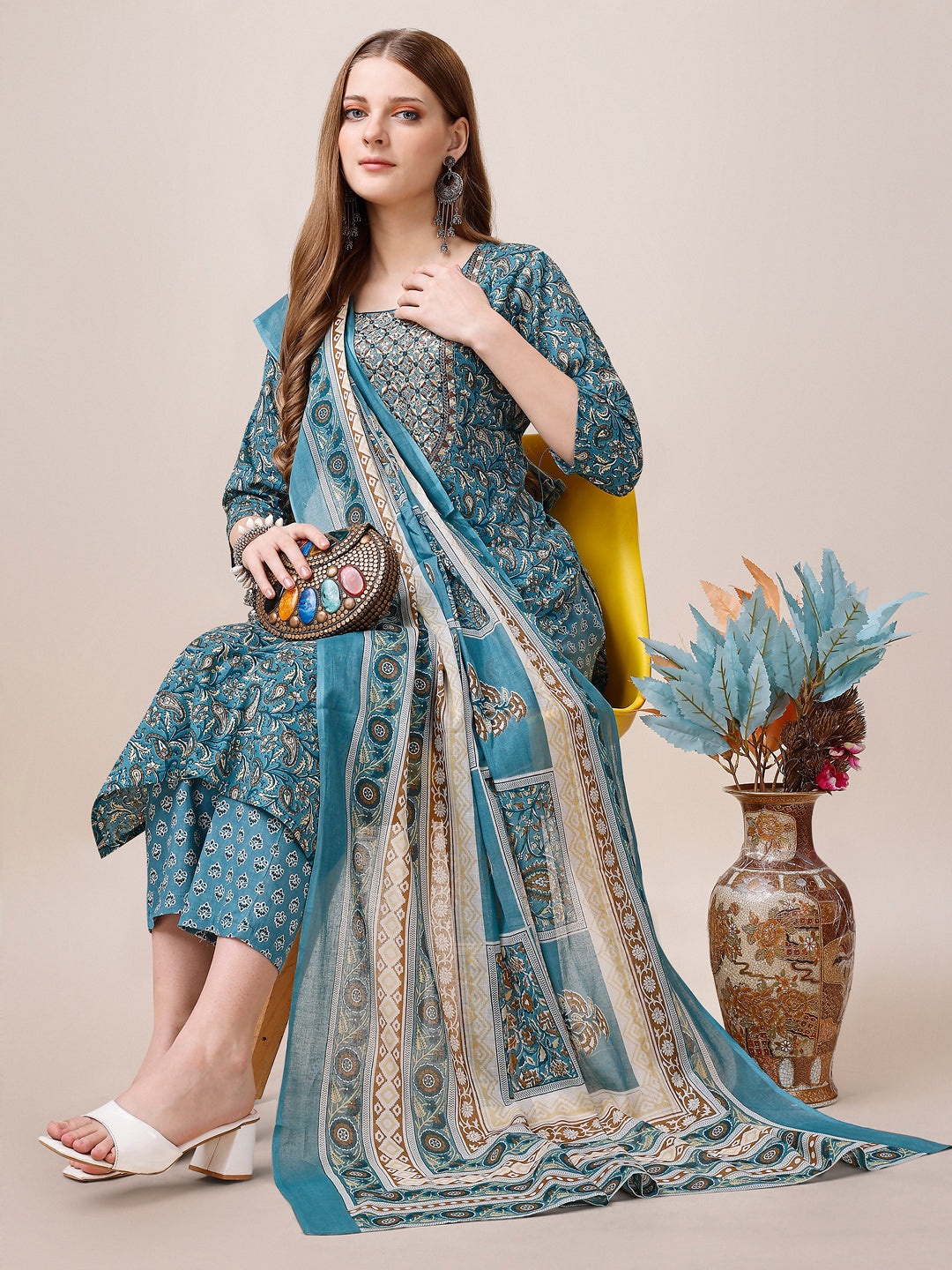 Embroidered & Paisley Printed Cotton Kurta With Pant & Dupatta, Multicolor - Hiral Fashion