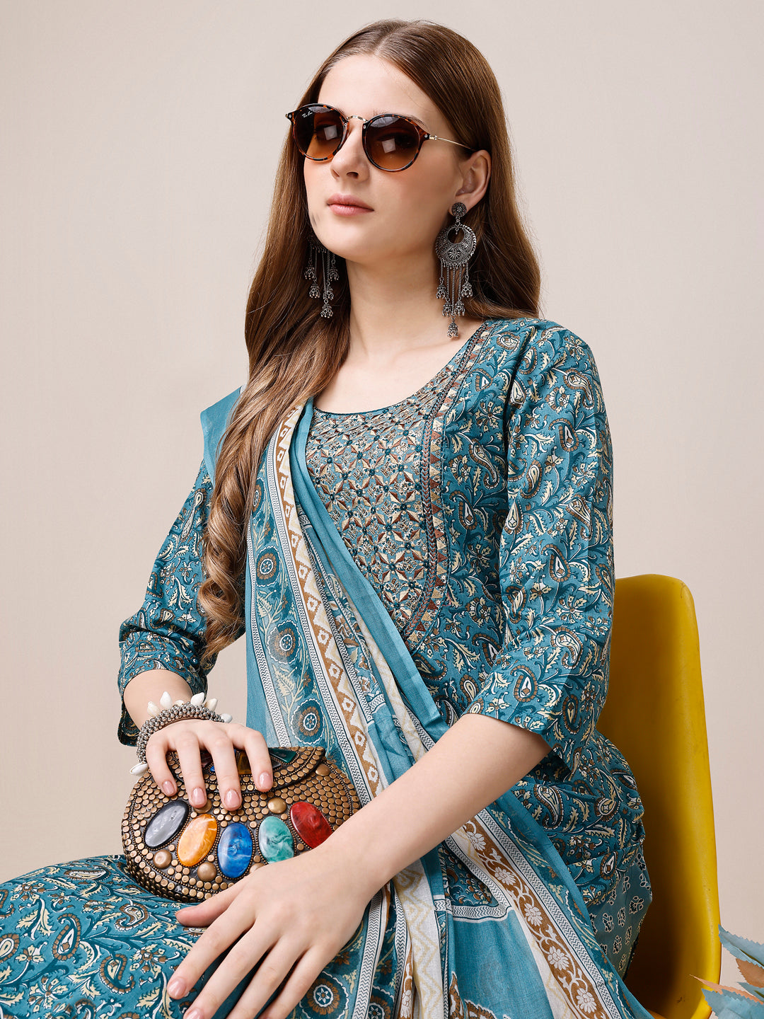 Embroidered & Paisley Printed Cotton Kurta With Pant & Dupatta, Multicolor - Hiral Fashion