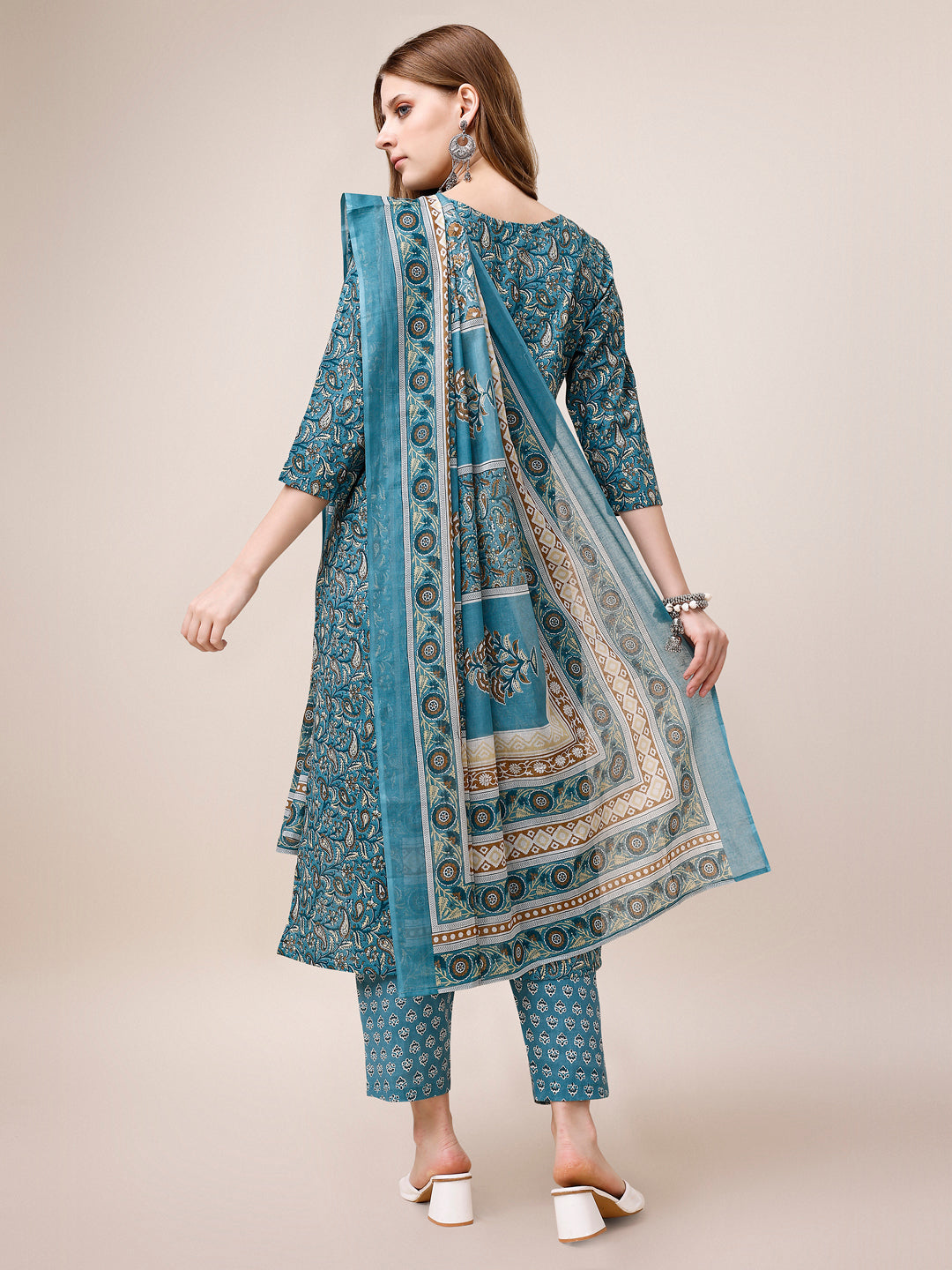 Embroidered & Paisley Printed Cotton Kurta With Pant & Dupatta, Multicolor - Hiral Fashion