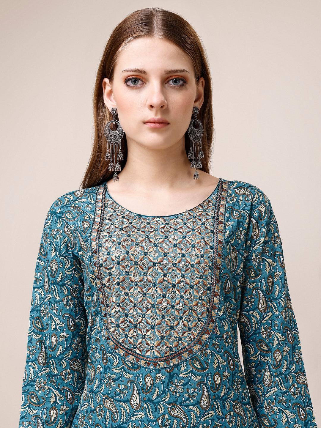 Embroidered & Paisley Printed Cotton Kurta With Pant & Dupatta, Multicolor - Hiral Fashion