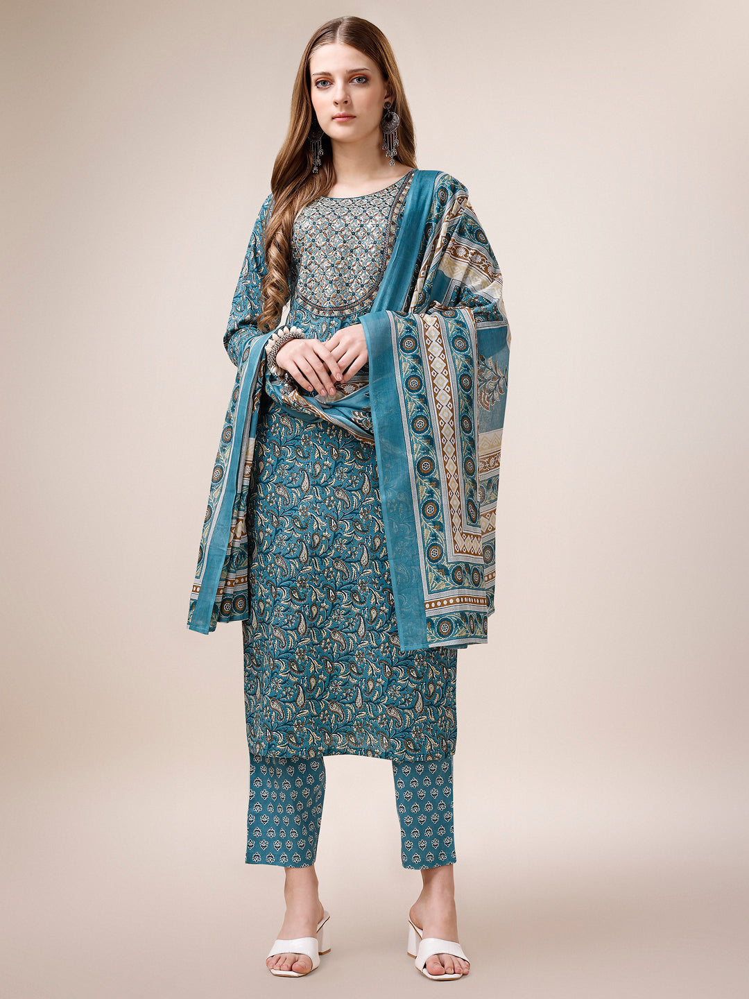 Embroidered & Paisley Printed Cotton Kurta With Pant & Dupatta, Multicolor - Hiral Fashion
