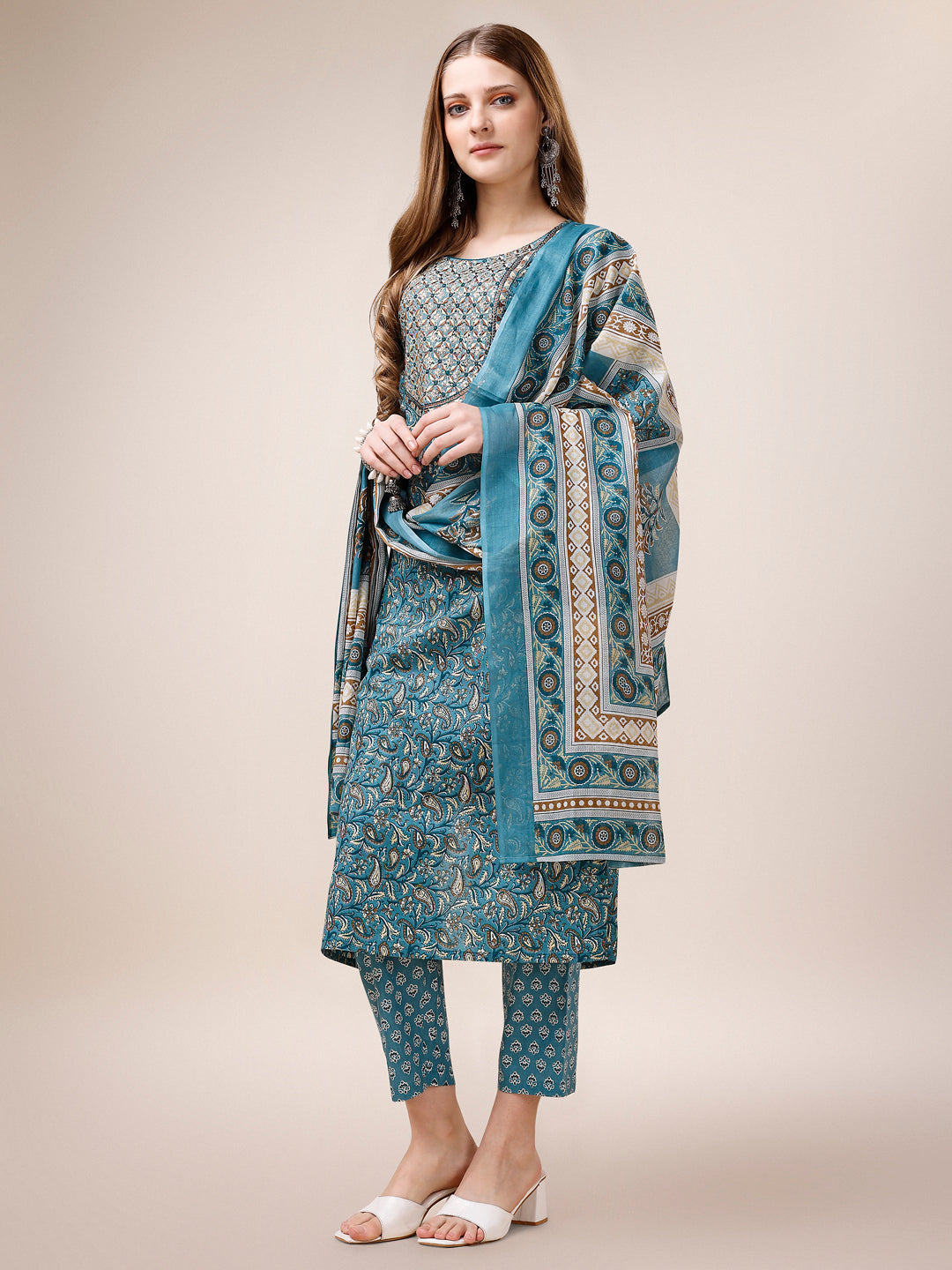Embroidered & Paisley Printed Cotton Kurta With Pant & Dupatta, Multicolor - Hiral Fashion