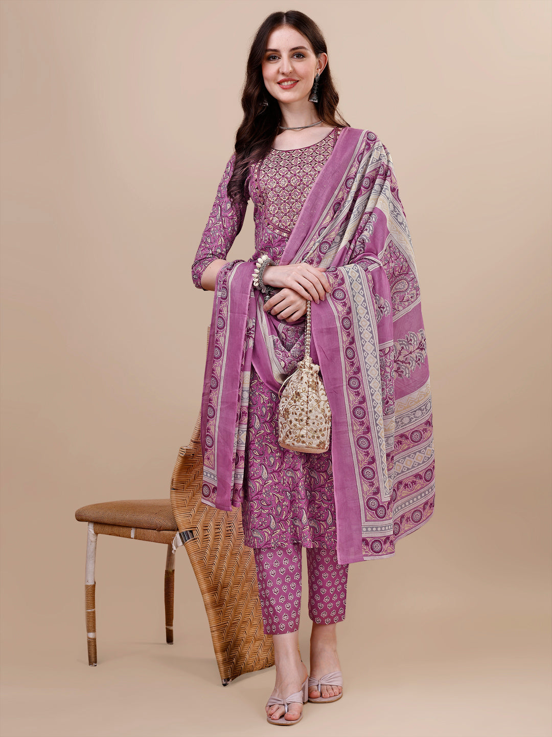 Printed & Embroidered Kurta With Pant & Dupatta Set, Multicolor - Hiral Fashion
