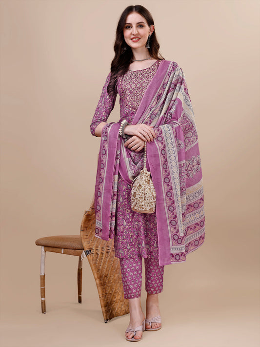 Printed & Embroidered Kurta With Pant & Dupatta Set, Multicolor - Hiral Fashion