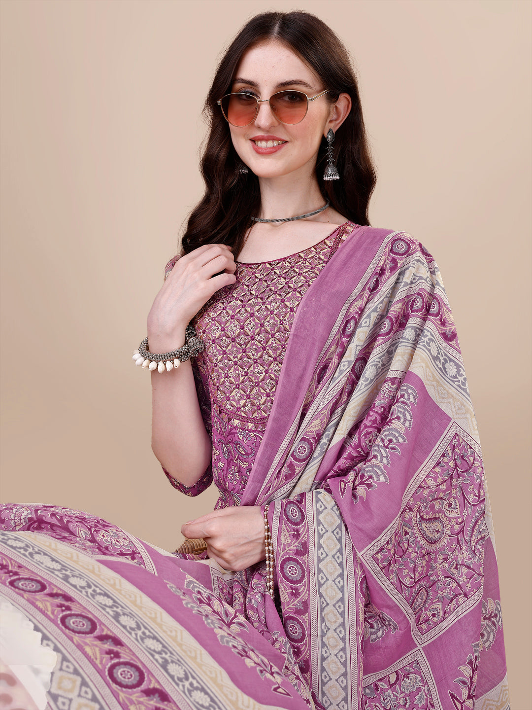 Printed & Embroidered Kurta With Pant & Dupatta Set, Multicolor - Hiral Fashion