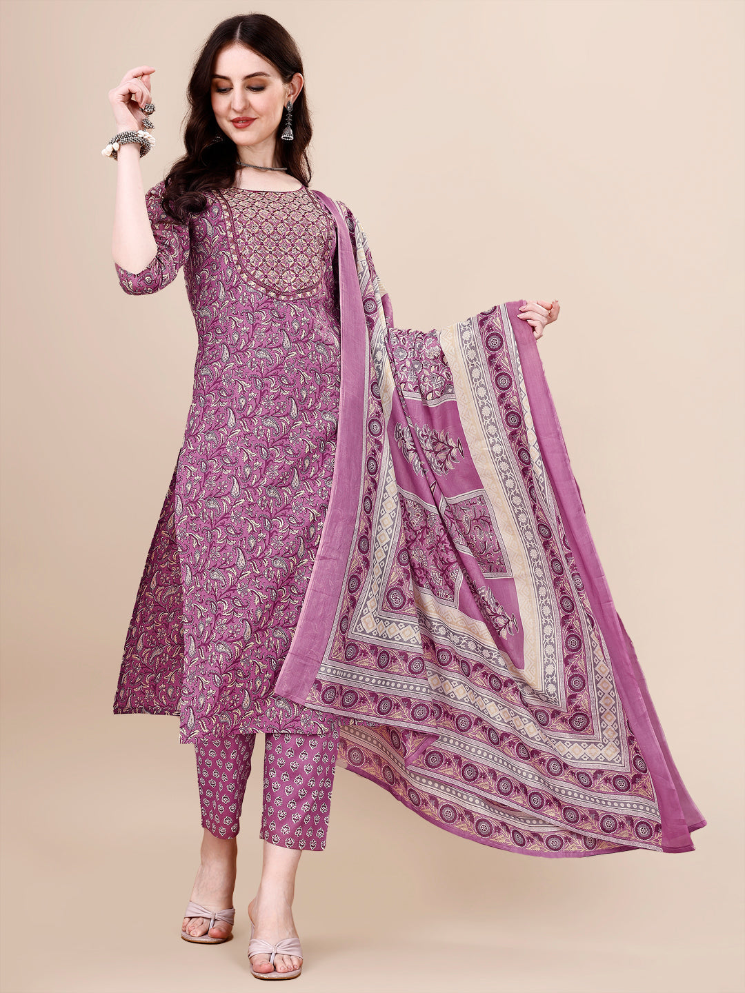 Printed & Embroidered Kurta With Pant & Dupatta Set, Multicolor - Hiral Fashion