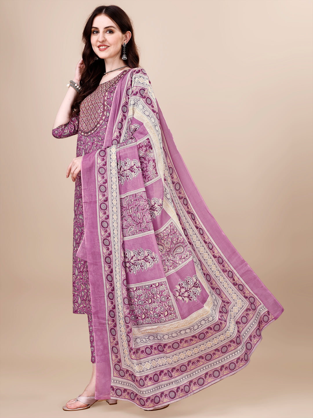 Printed & Embroidered Kurta With Pant & Dupatta Set, Multicolor - Hiral Fashion