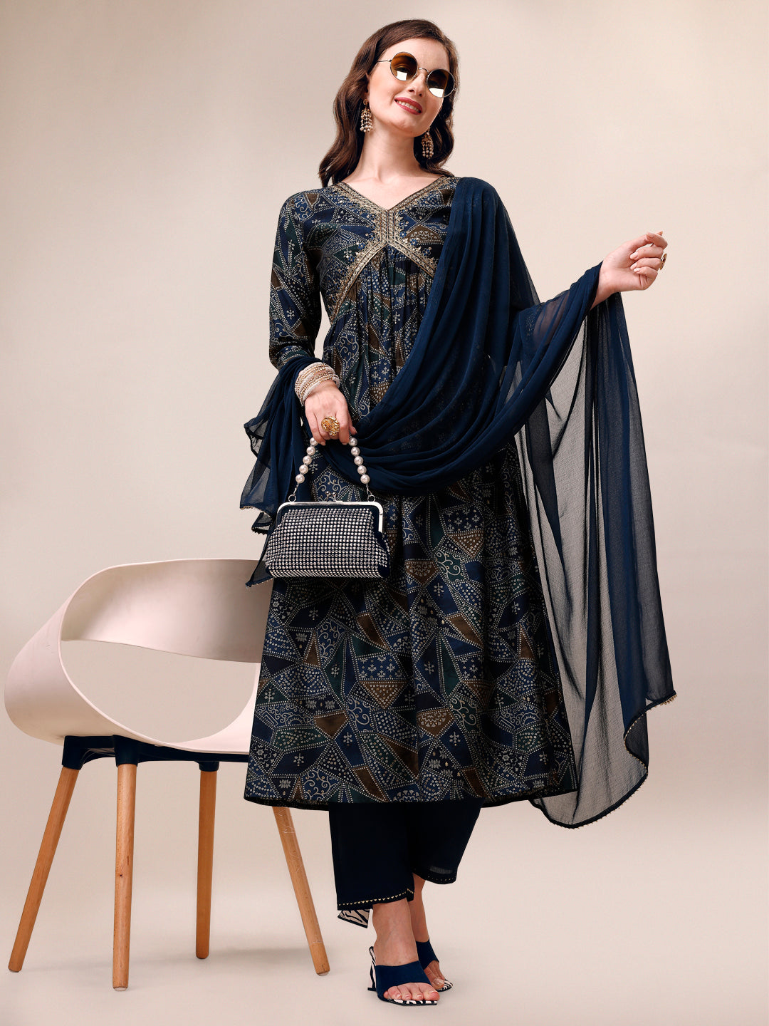 Alia Cut Printed & Embroidered Kurta With Pant & Dupatta Set, Multicolor - Hiral Fashion
