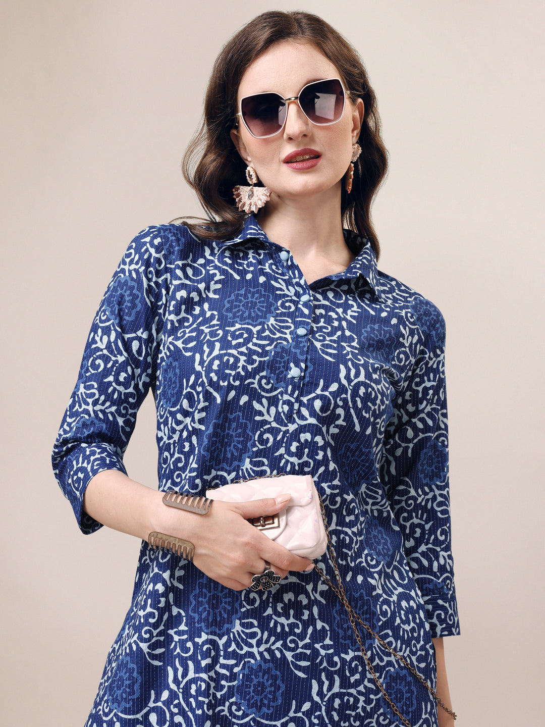 Printed Collar Kurta With Pant Co-Ordset, Multicolor - Hiral Fashion