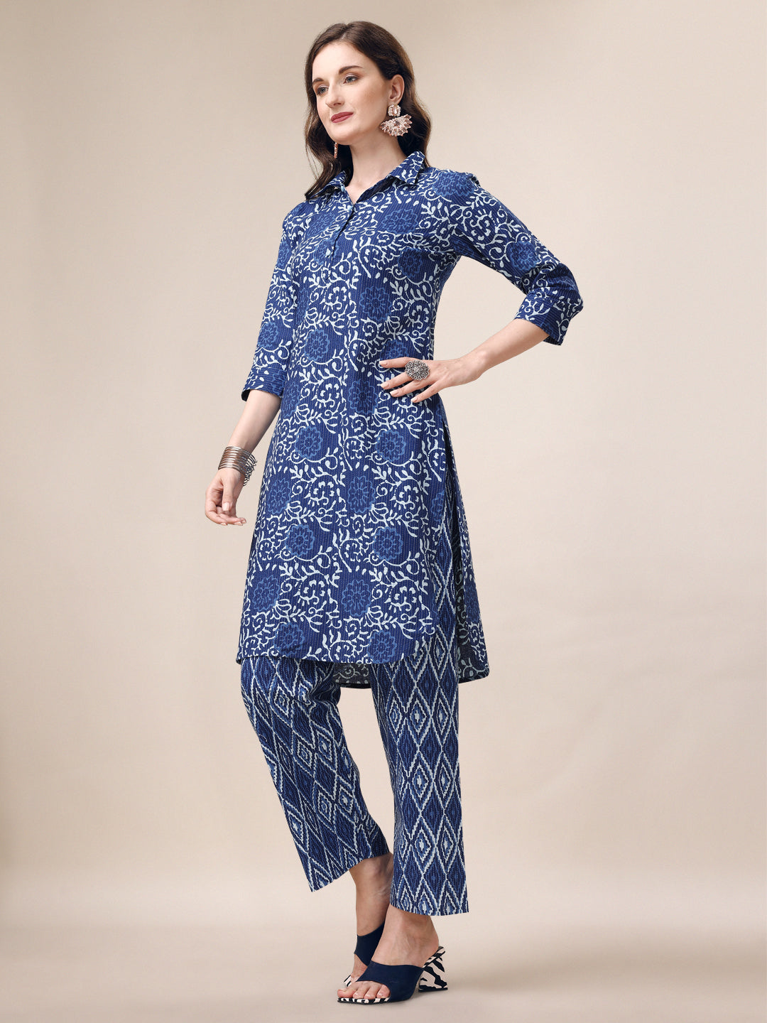 Printed Collar Kurta With Pant Co-Ordset, Multicolor - Hiral Fashion