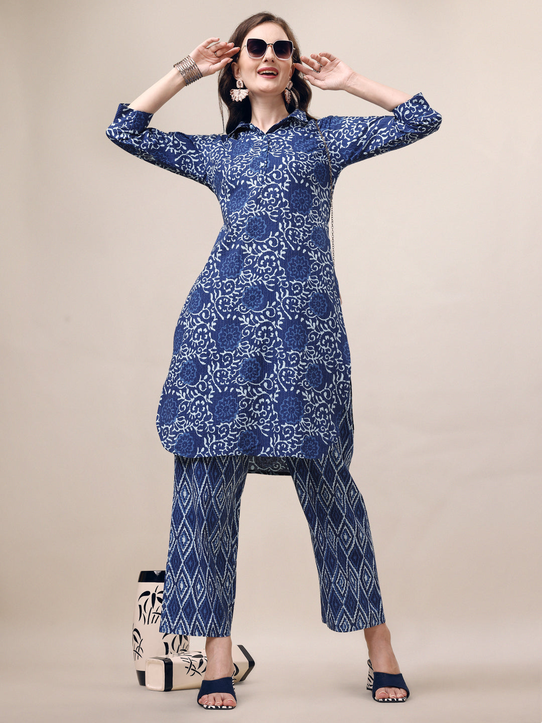 Printed Collar Kurta With Pant Co-Ordset, Multicolor - Hiral Fashion