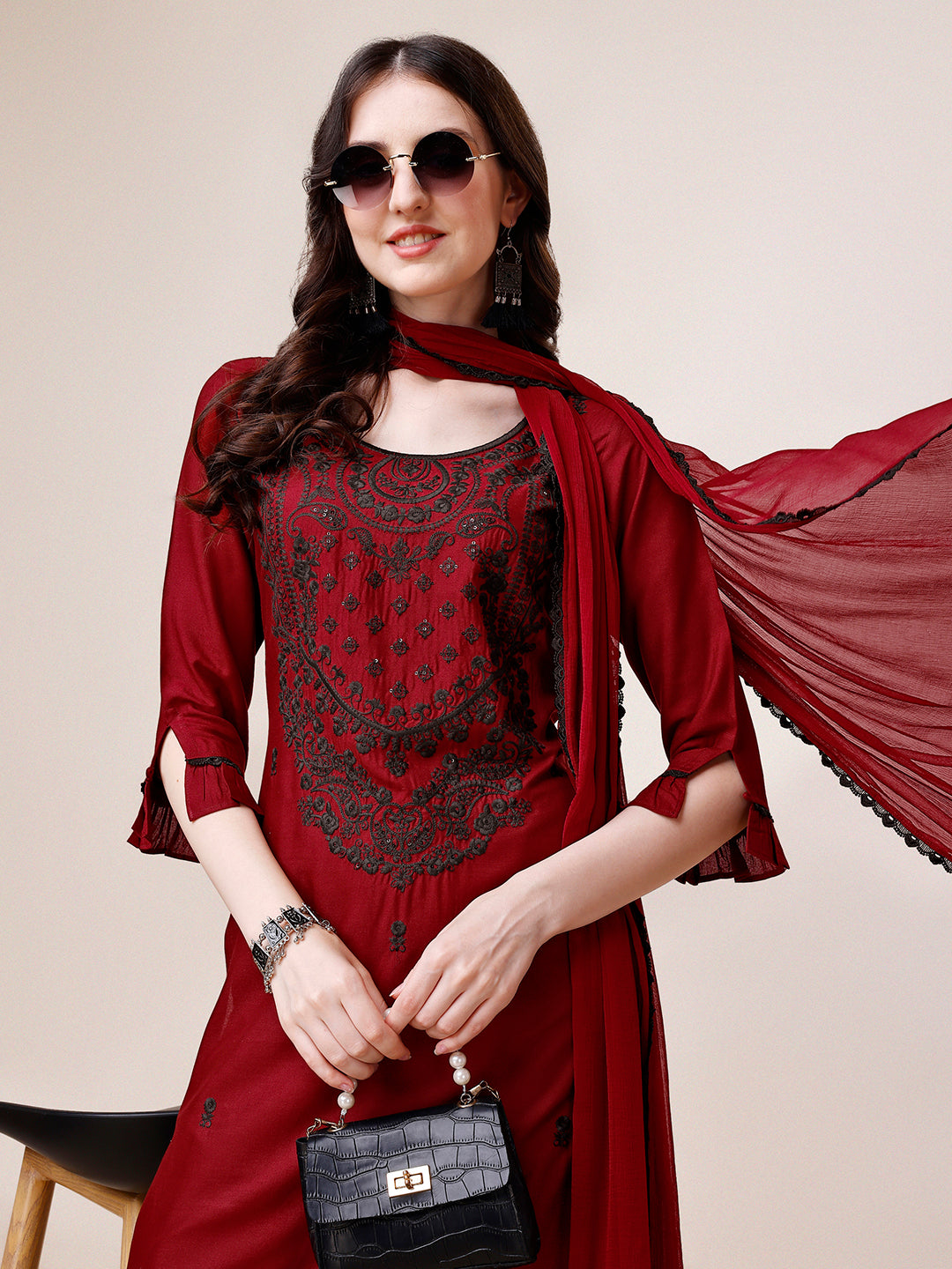 Embroidered Kurta With Pant And Dupatta Set, Multicolor - Hiral Fashion