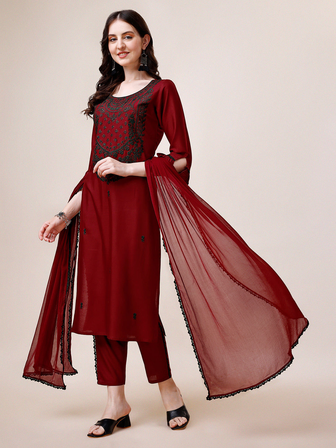 Embroidered Kurta With Pant And Dupatta Set, Multicolor - Hiral Fashion