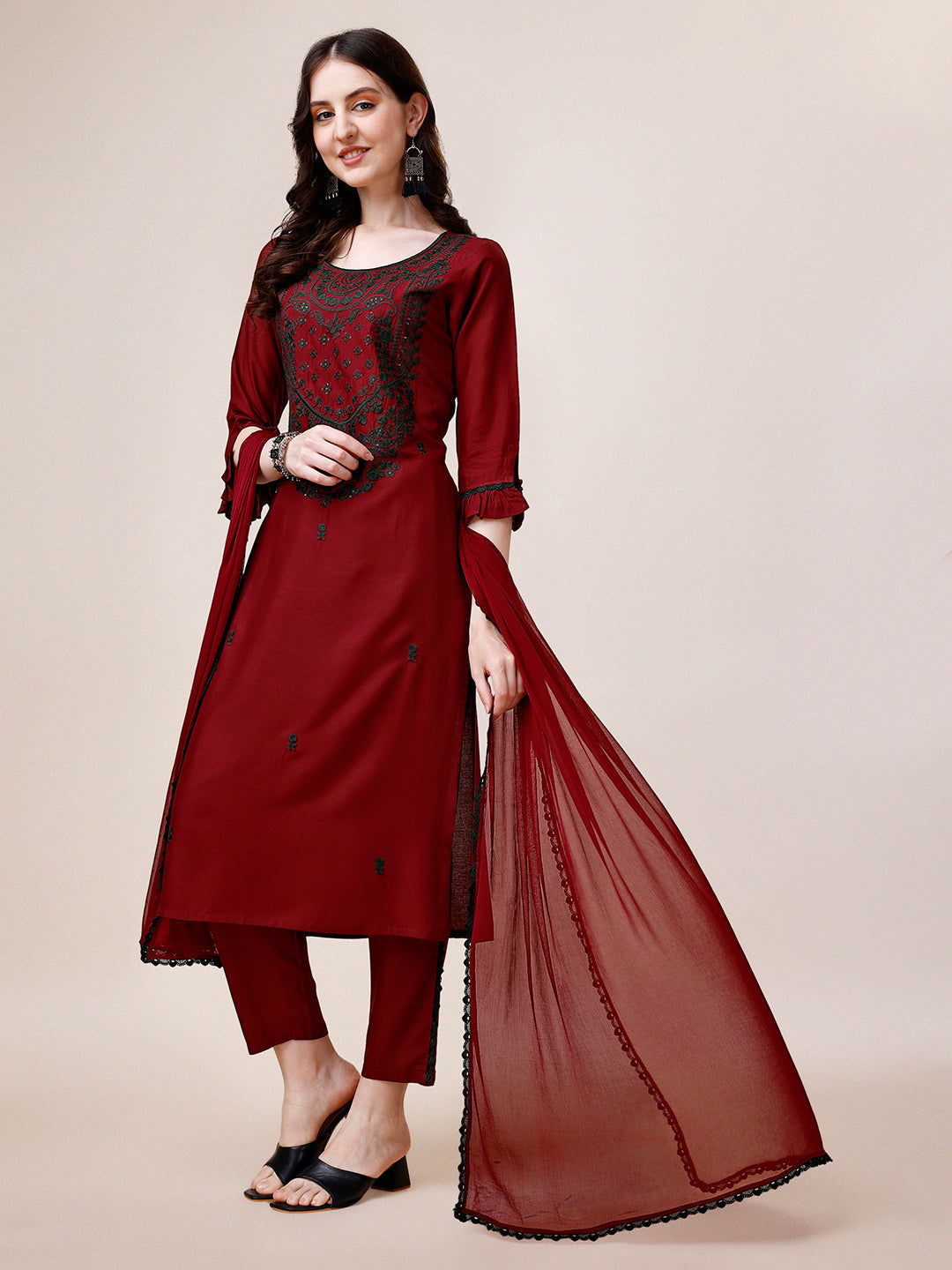 Embroidered Kurta With Pant And Dupatta Set, Multicolor - Hiral Fashion