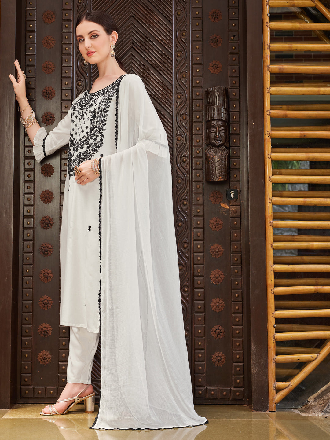 Embroidered Kurta With Pant And Dupatta Set, Multicolor - Hiral Fashion