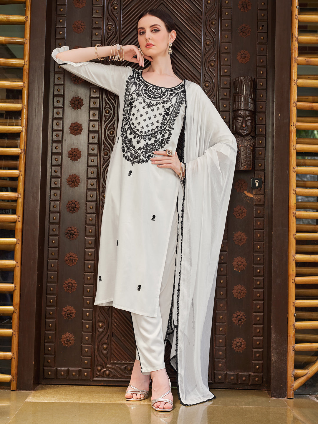 Embroidered Kurta With Pant And Dupatta Set, Multicolor - Hiral Fashion