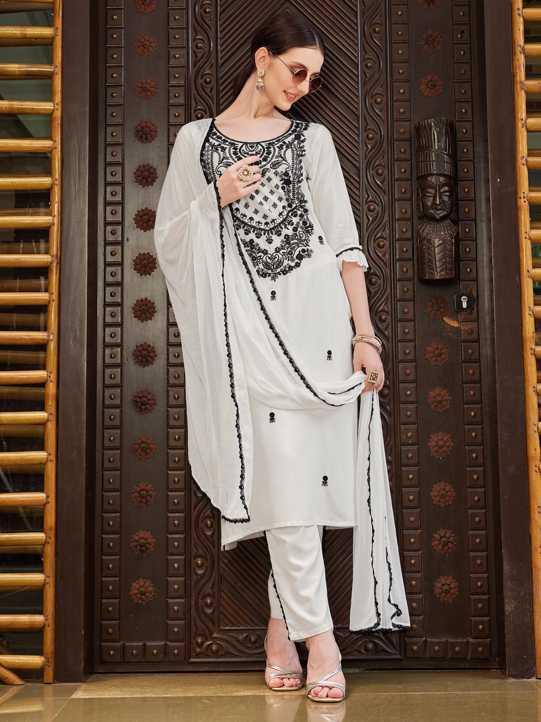 Embroidered Kurta With Pant And Dupatta Set, Multicolor - Hiral Fashion