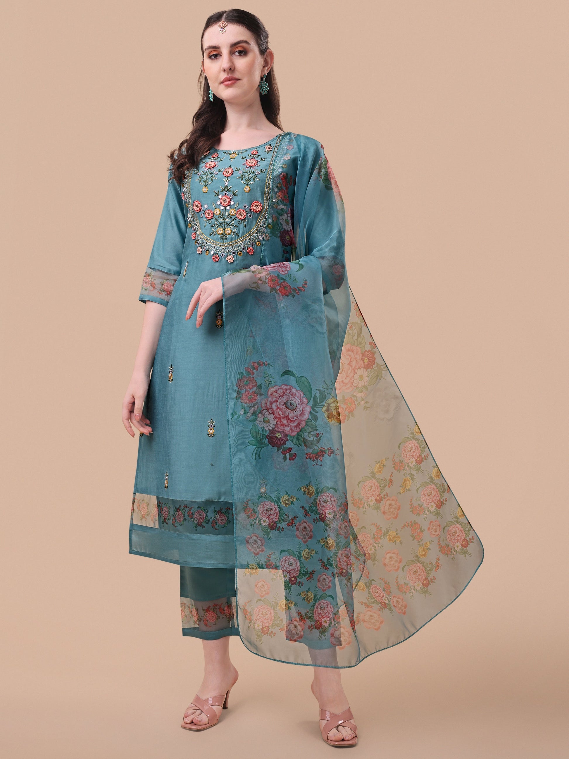 Hand Embroidered Kurta With Pant & Organza Printed Dupatta, Multicolor - Hiral Fashion