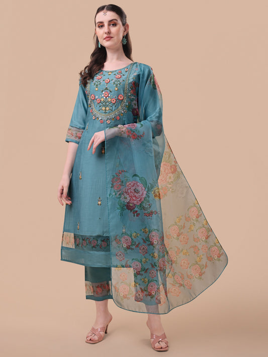 Hand Embroidered Kurta With Pant & Organza Printed Dupatta, Multicolor - Hiral Fashion
