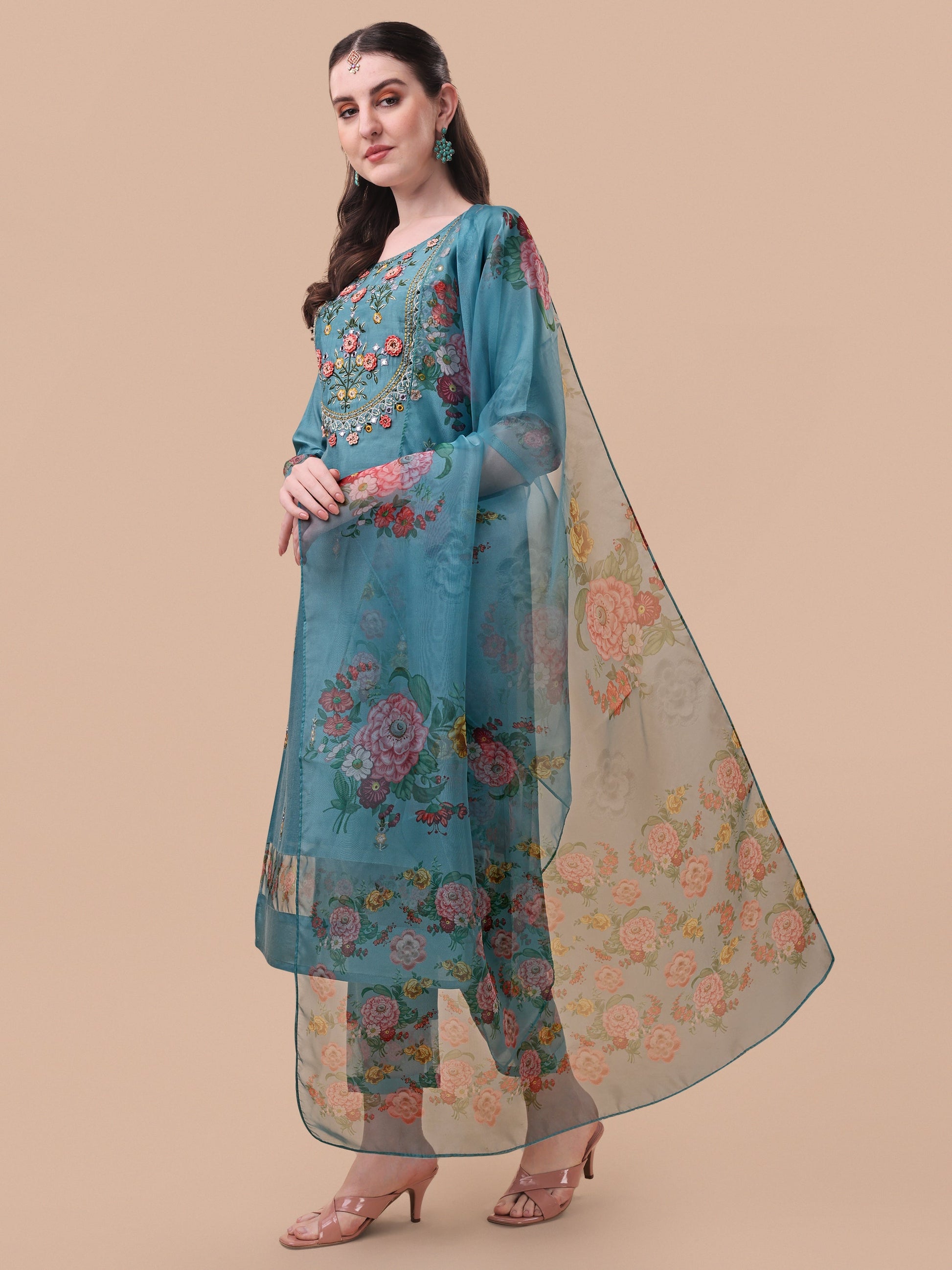 Hand Embroidered Kurta With Pant & Organza Printed Dupatta, Multicolor - Hiral Fashion