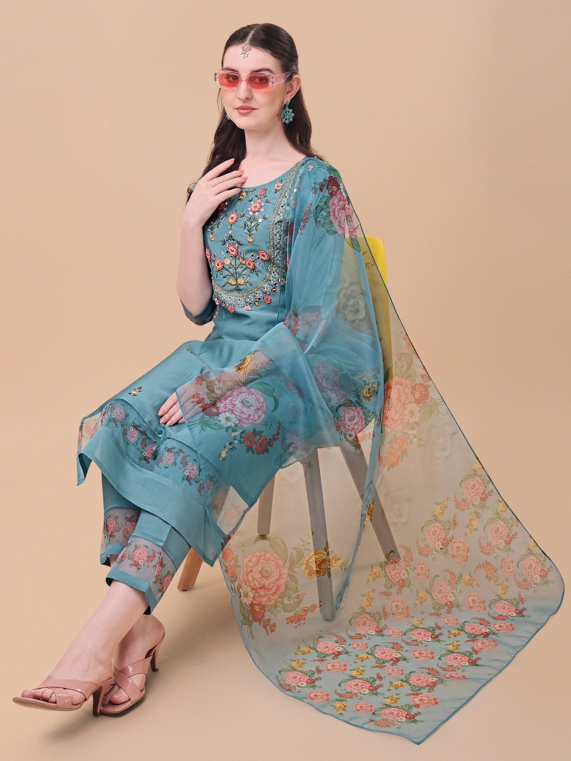 Hand Embroidered Kurta With Pant & Organza Printed Dupatta, Multicolor - Hiral Fashion