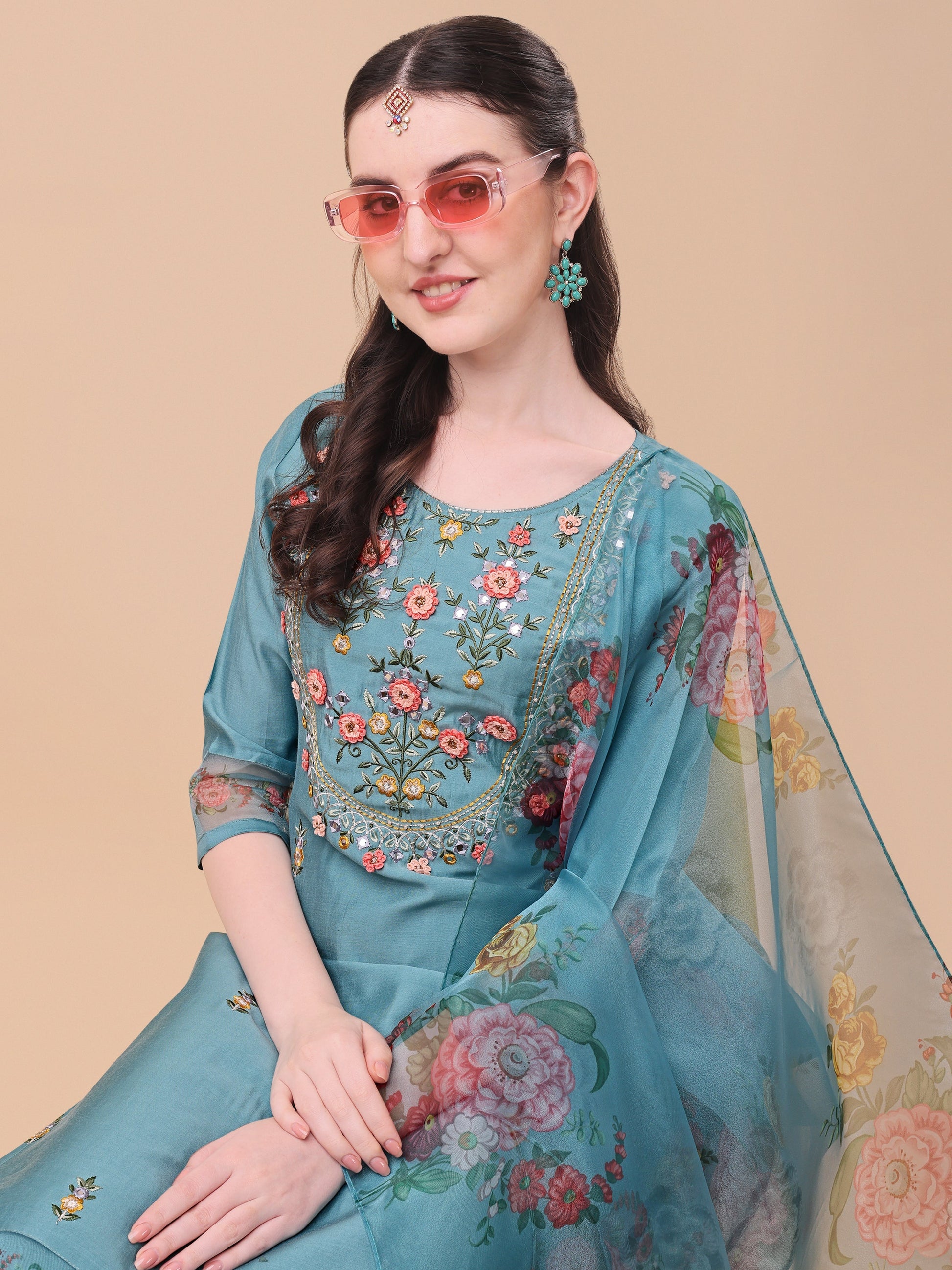 Hand Embroidered Kurta With Pant & Organza Printed Dupatta, Multicolor - Hiral Fashion
