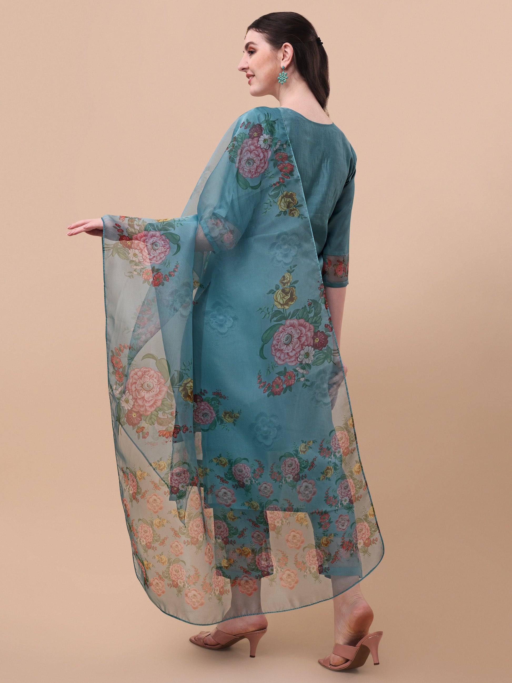 Hand Embroidered Kurta With Pant & Organza Printed Dupatta, Multicolor - Hiral Fashion