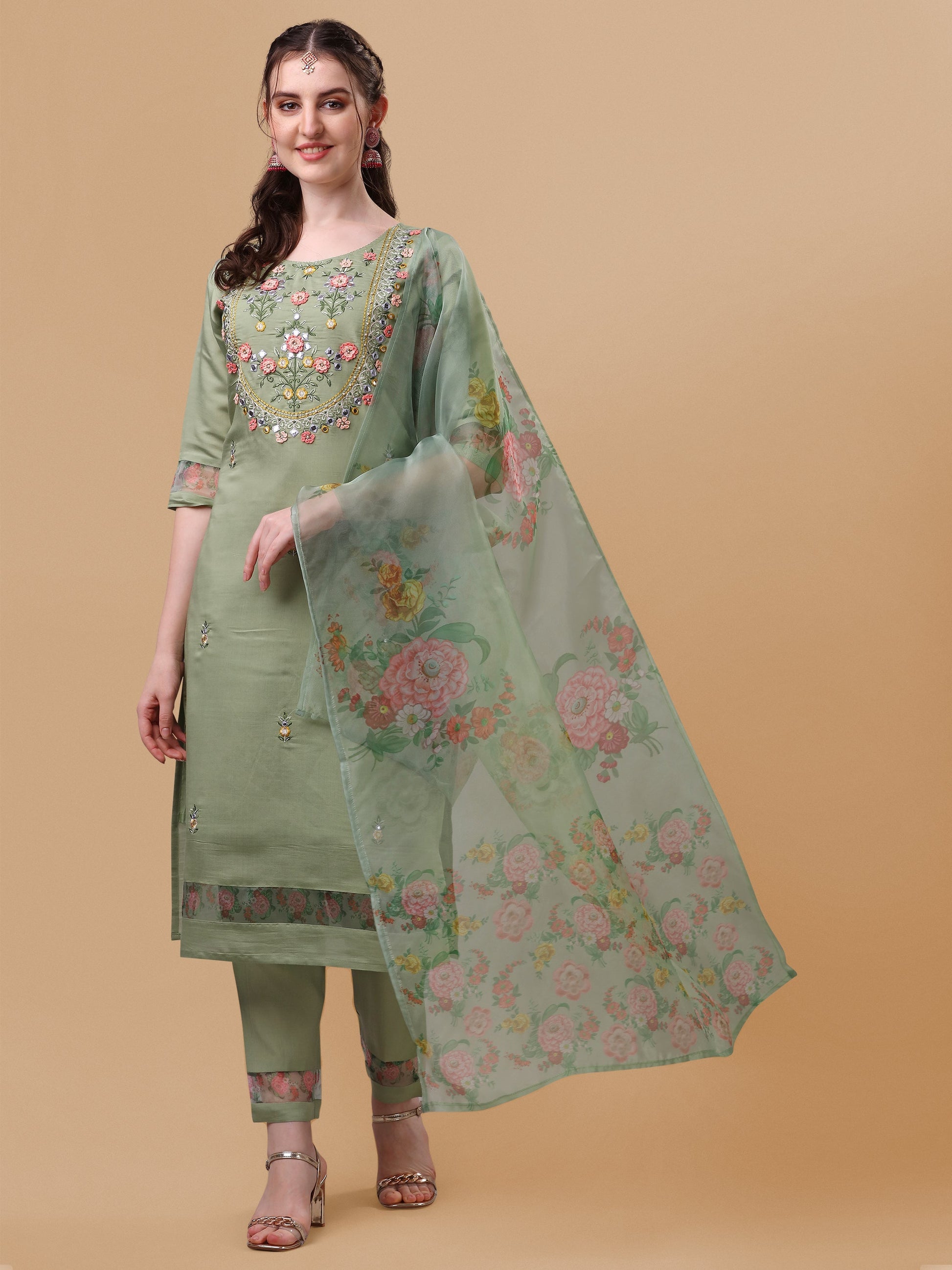 Hand Embroidered Kurta With Pant & Organza Printed Dupatta, Multicolor - Hiral Fashion