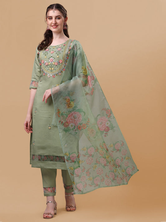 Hand Embroidered Kurta With Pant & Organza Printed Dupatta, Multicolor - Hiral Fashion