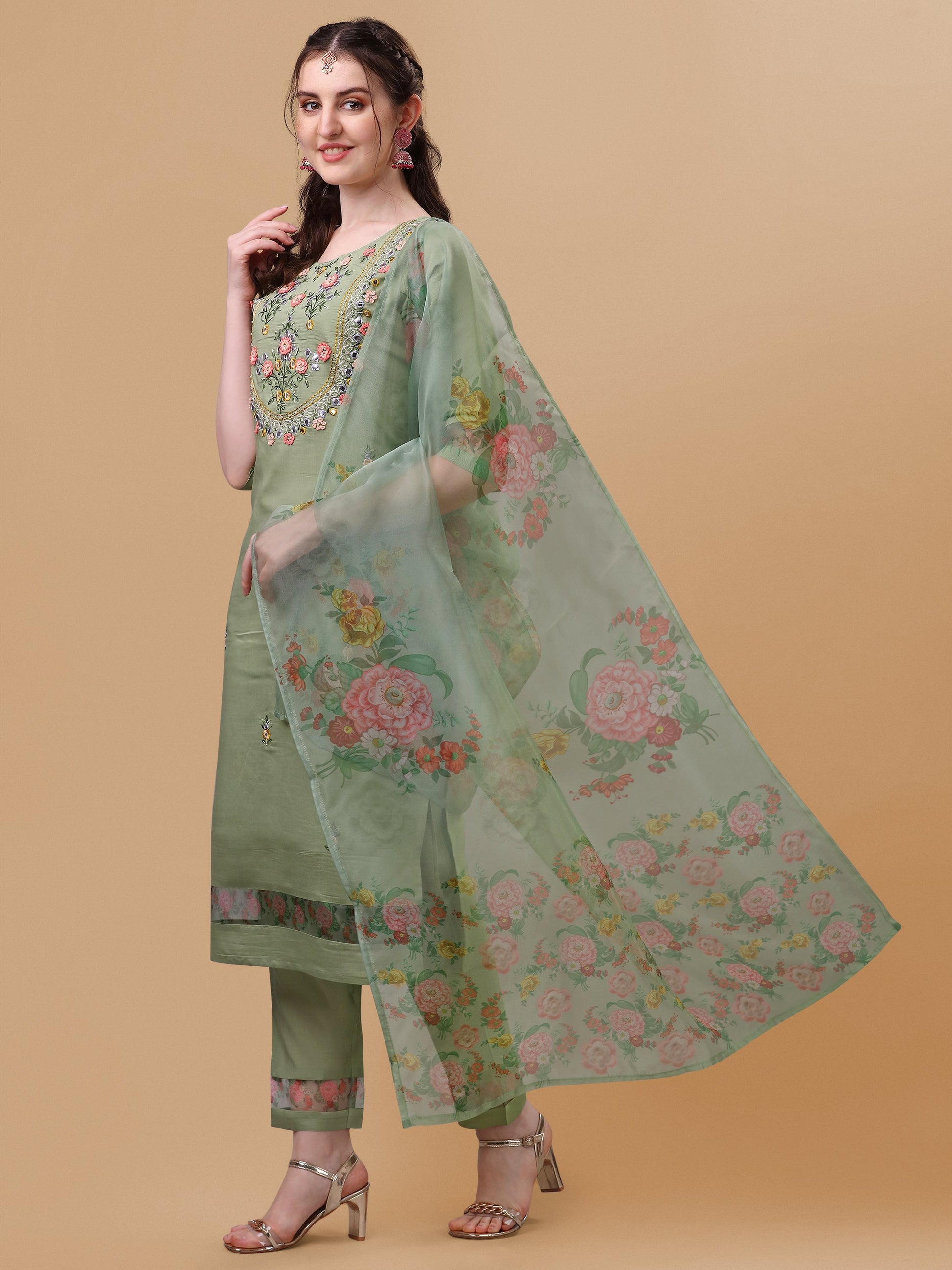 Hand Embroidered Kurta With Pant & Organza Printed Dupatta, Multicolor - Hiral Fashion