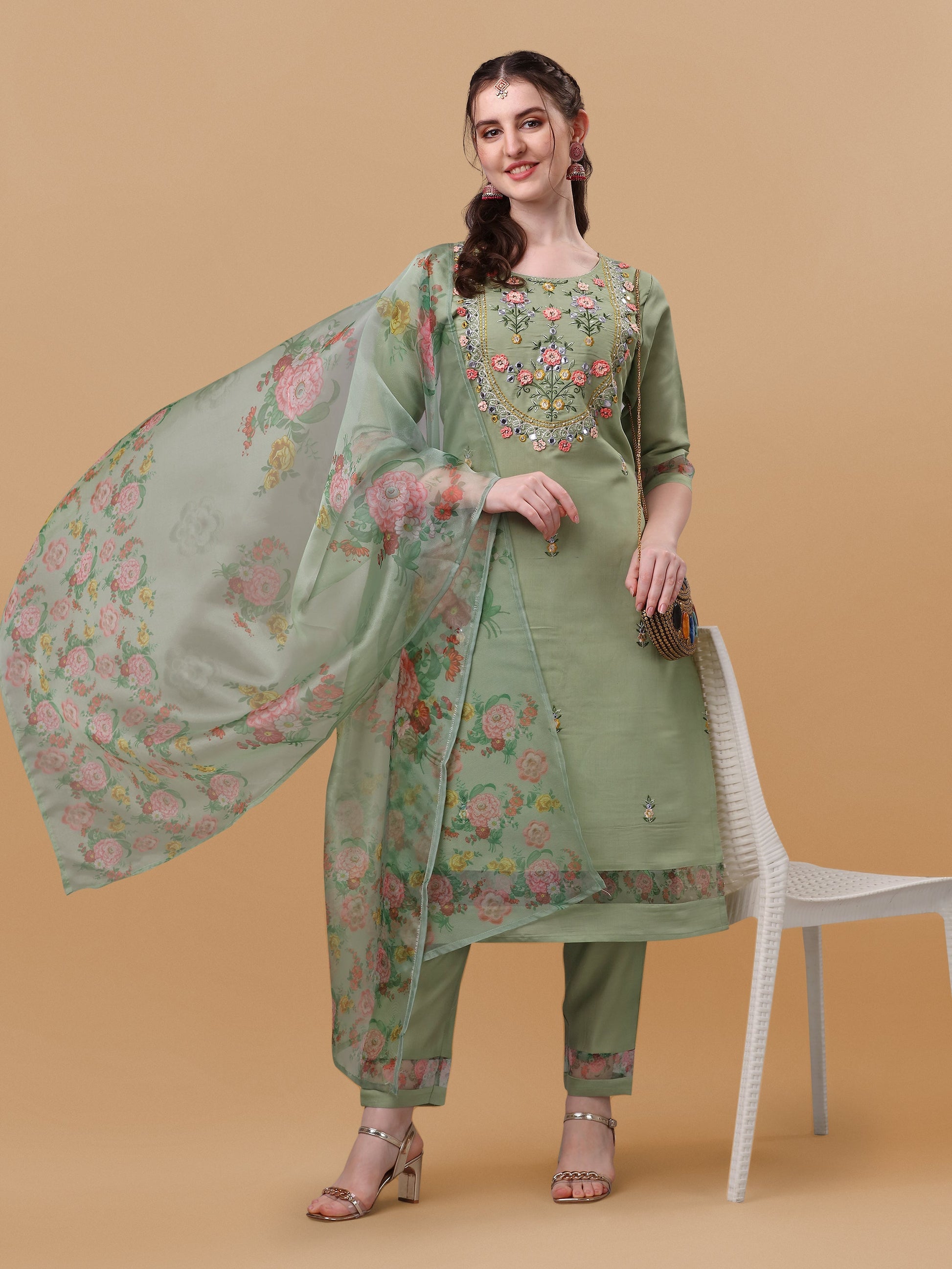 Hand Embroidered Kurta With Pant & Organza Printed Dupatta, Multicolor - Hiral Fashion