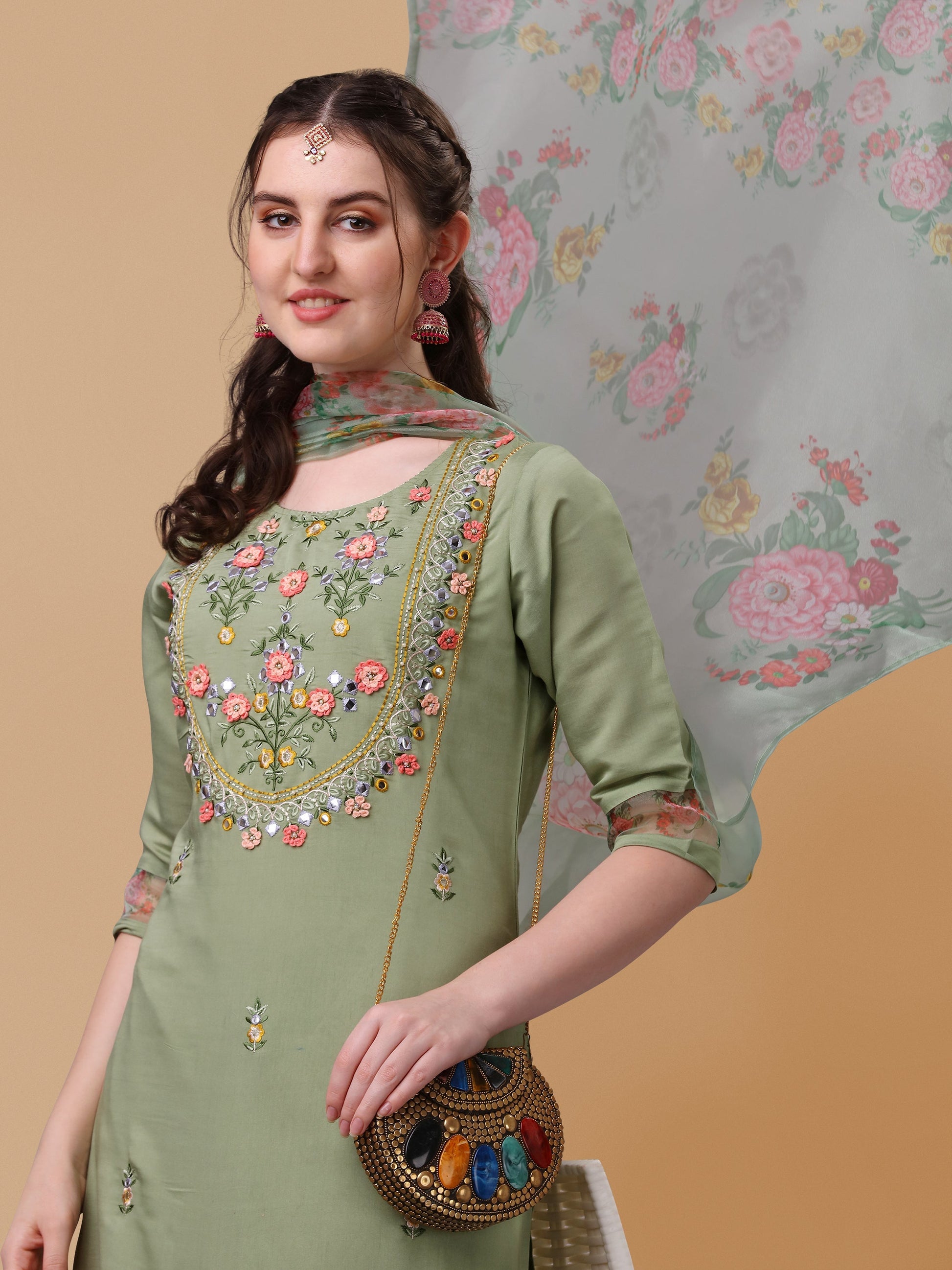 Hand Embroidered Kurta With Pant & Organza Printed Dupatta, Multicolor - Hiral Fashion