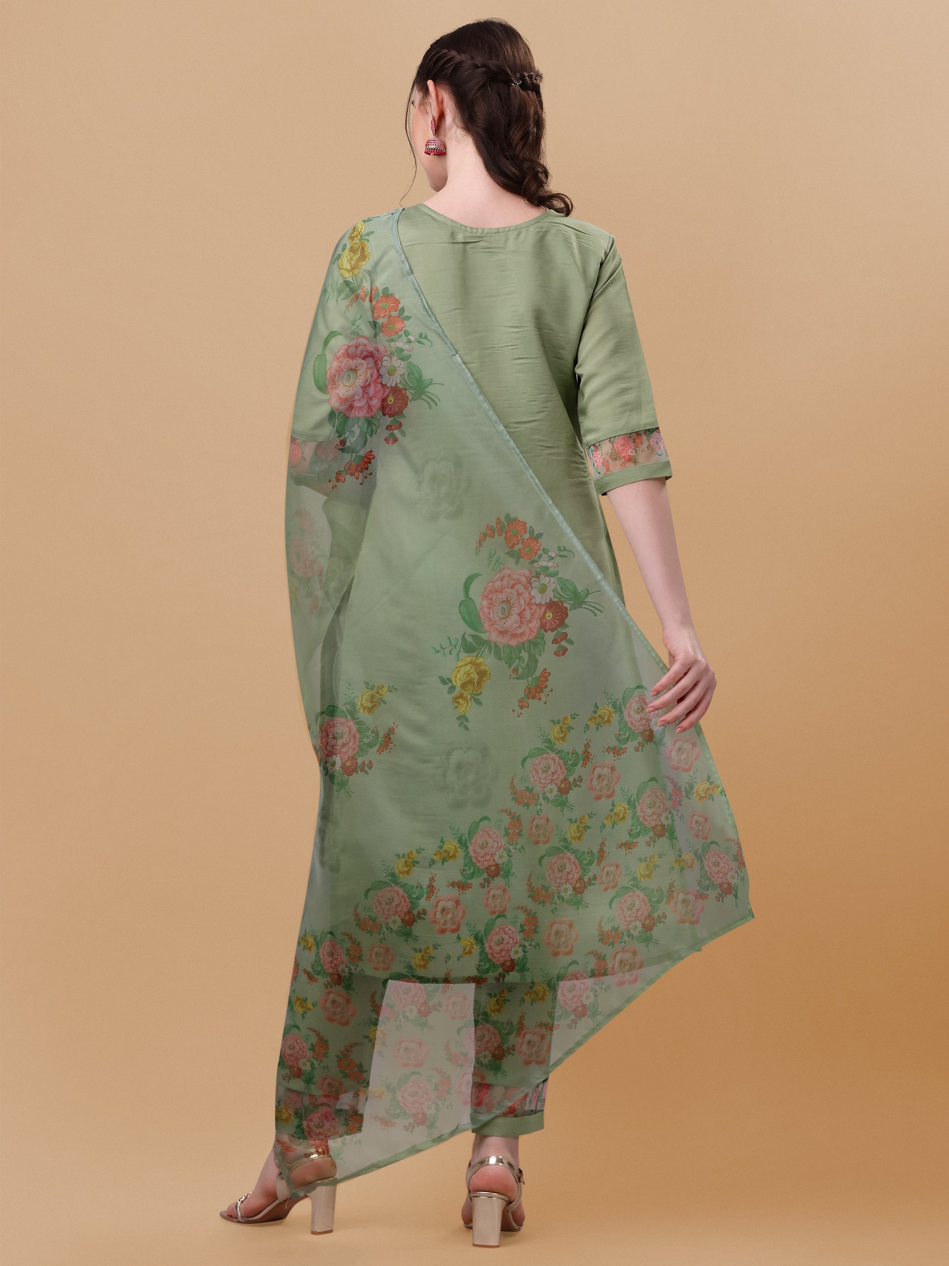 Hand Embroidered Kurta With Pant & Organza Printed Dupatta, Multicolor - Hiral Fashion