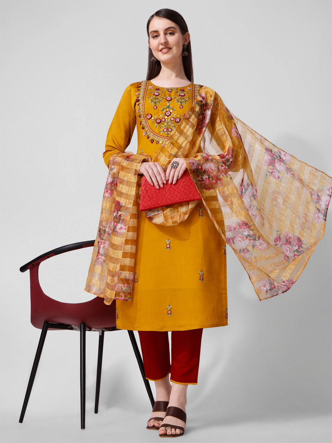 Hand Embroidered Kurta With Pant And Organza Dupatta Set, Multicolor - Hiral Fashion