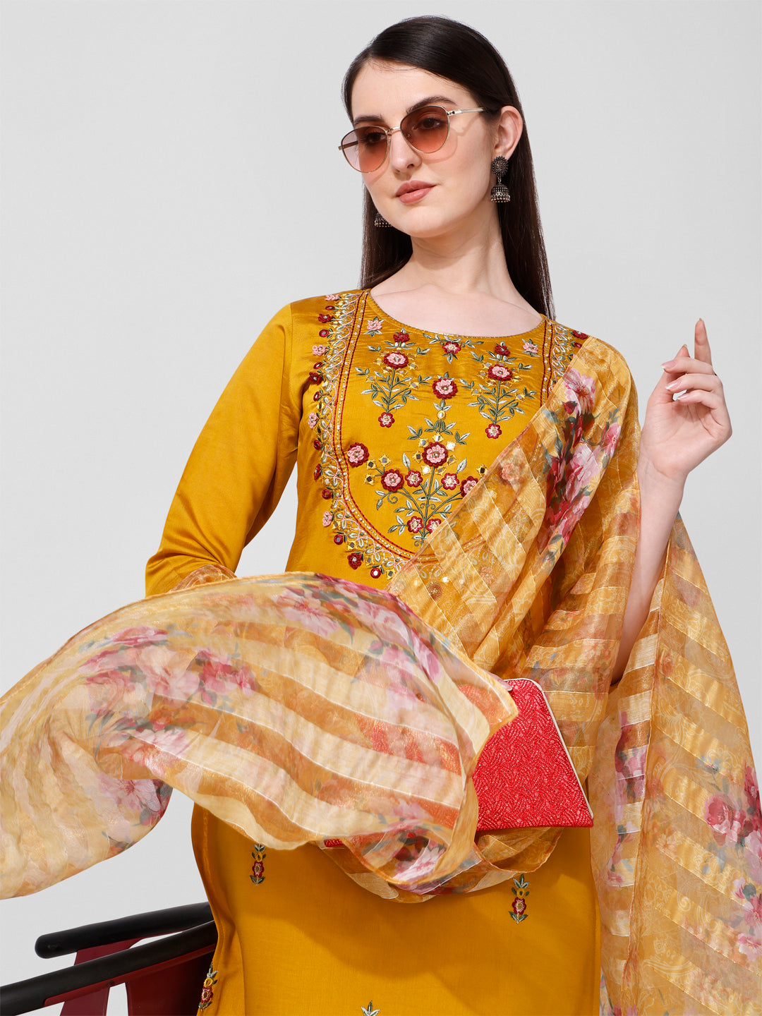 Hand Embroidered Kurta With Pant And Organza Dupatta Set, Multicolor - Hiral Fashion