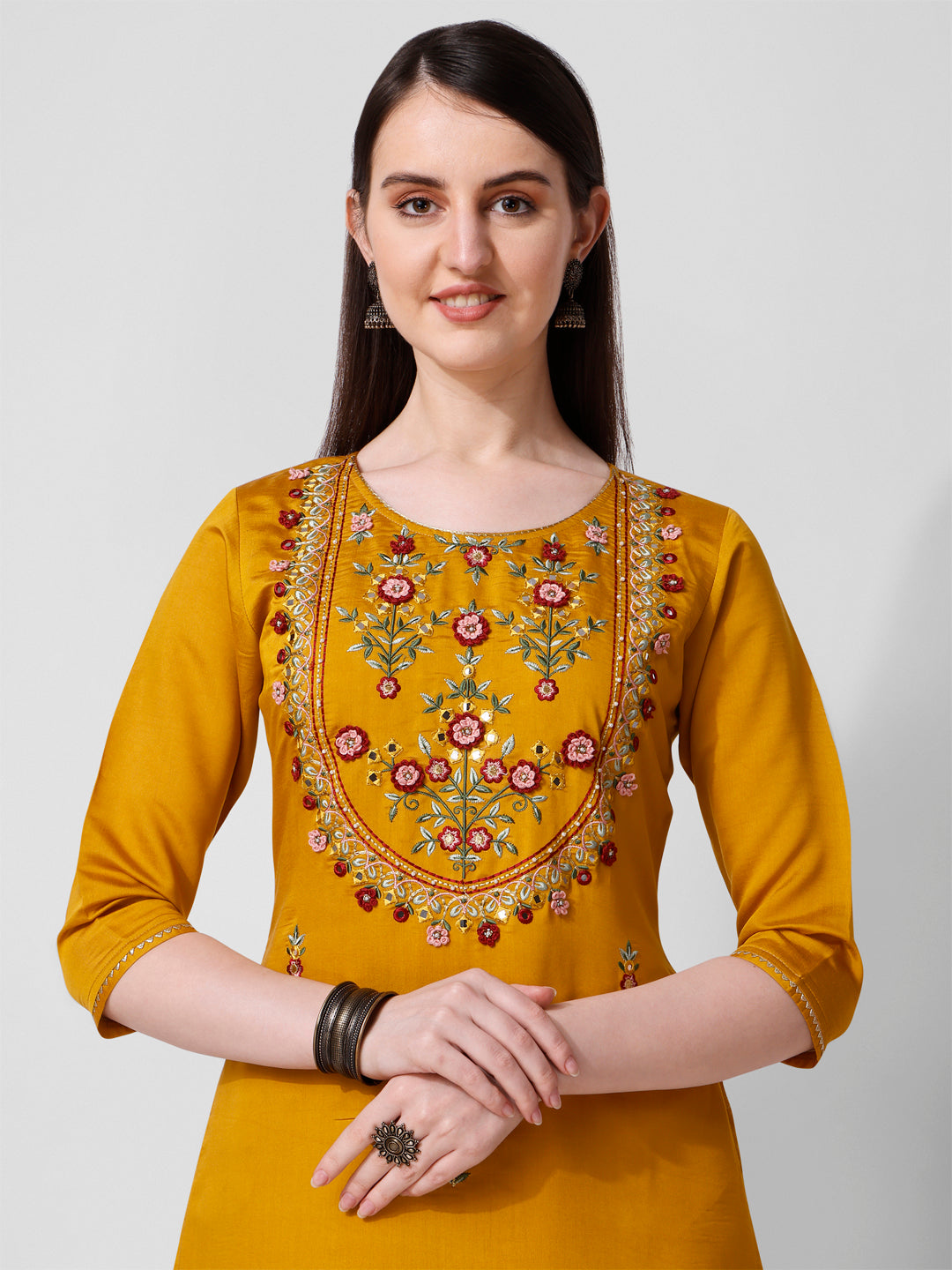 Hand Embroidered Kurta With Pant And Organza Dupatta Set, Multicolor - Hiral Fashion