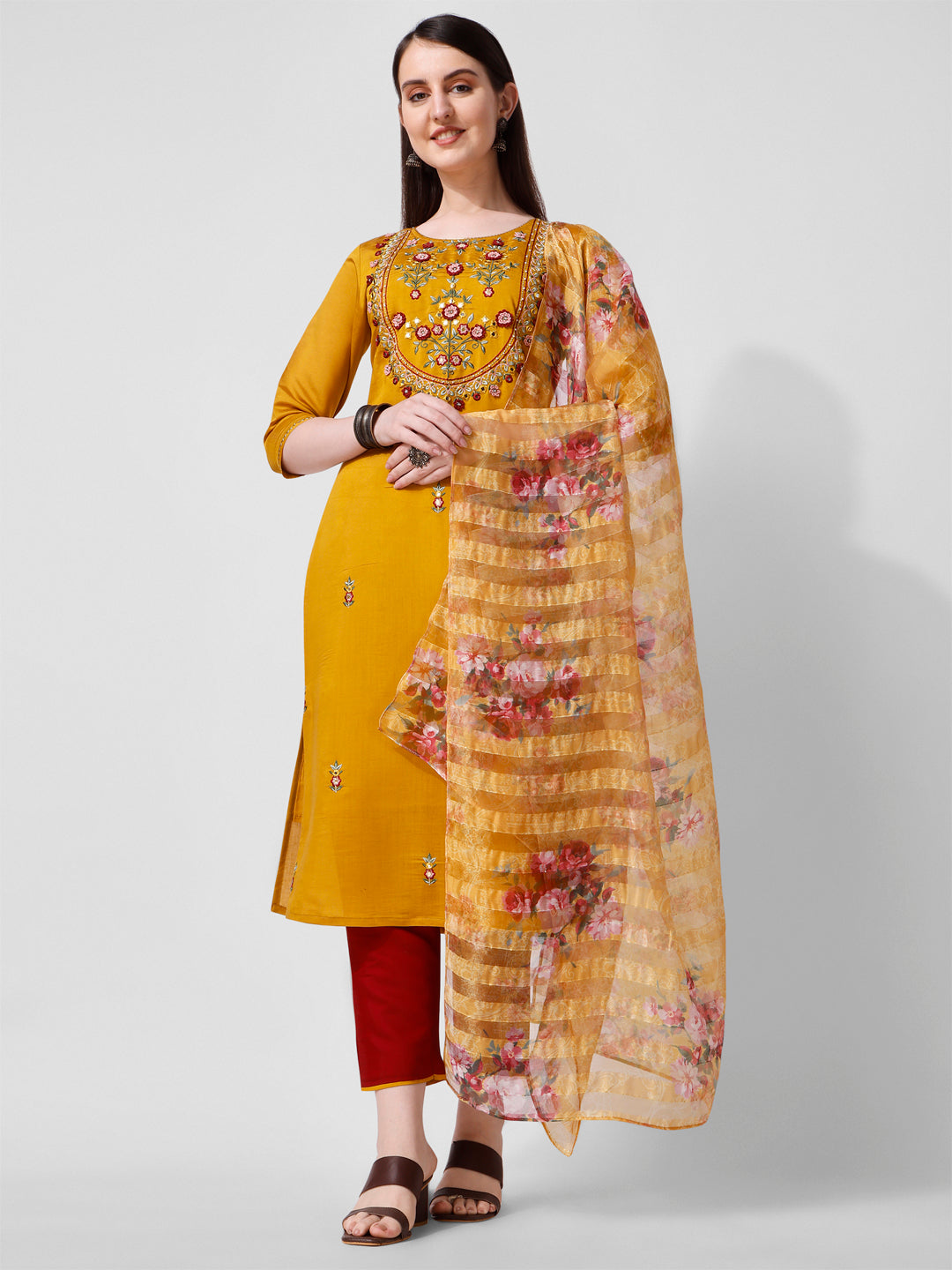 Hand Embroidered Kurta With Pant And Organza Dupatta Set, Multicolor - Hiral Fashion