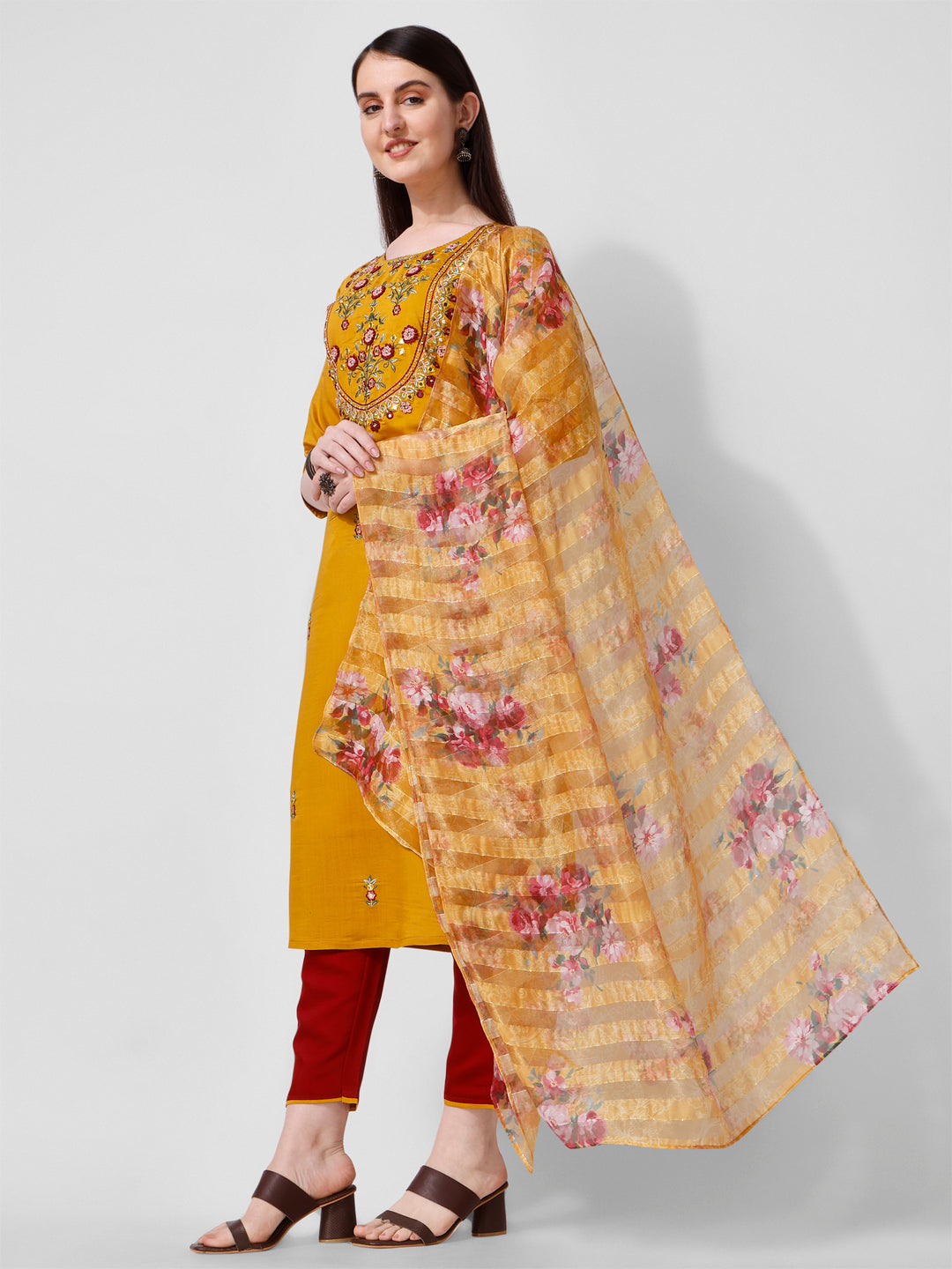Hand Embroidered Kurta With Pant And Organza Dupatta Set, Multicolor - Hiral Fashion