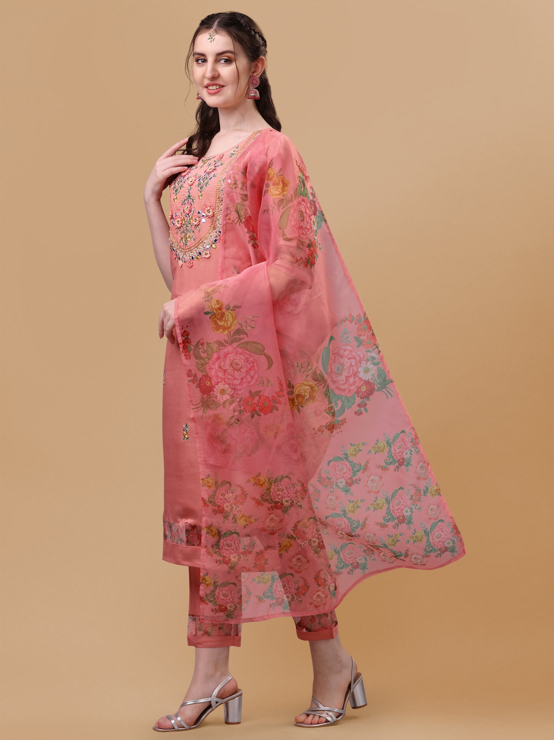 Embroidered Kurta With Pant & Dupatta Set, Multicolor - Hiral Fashion