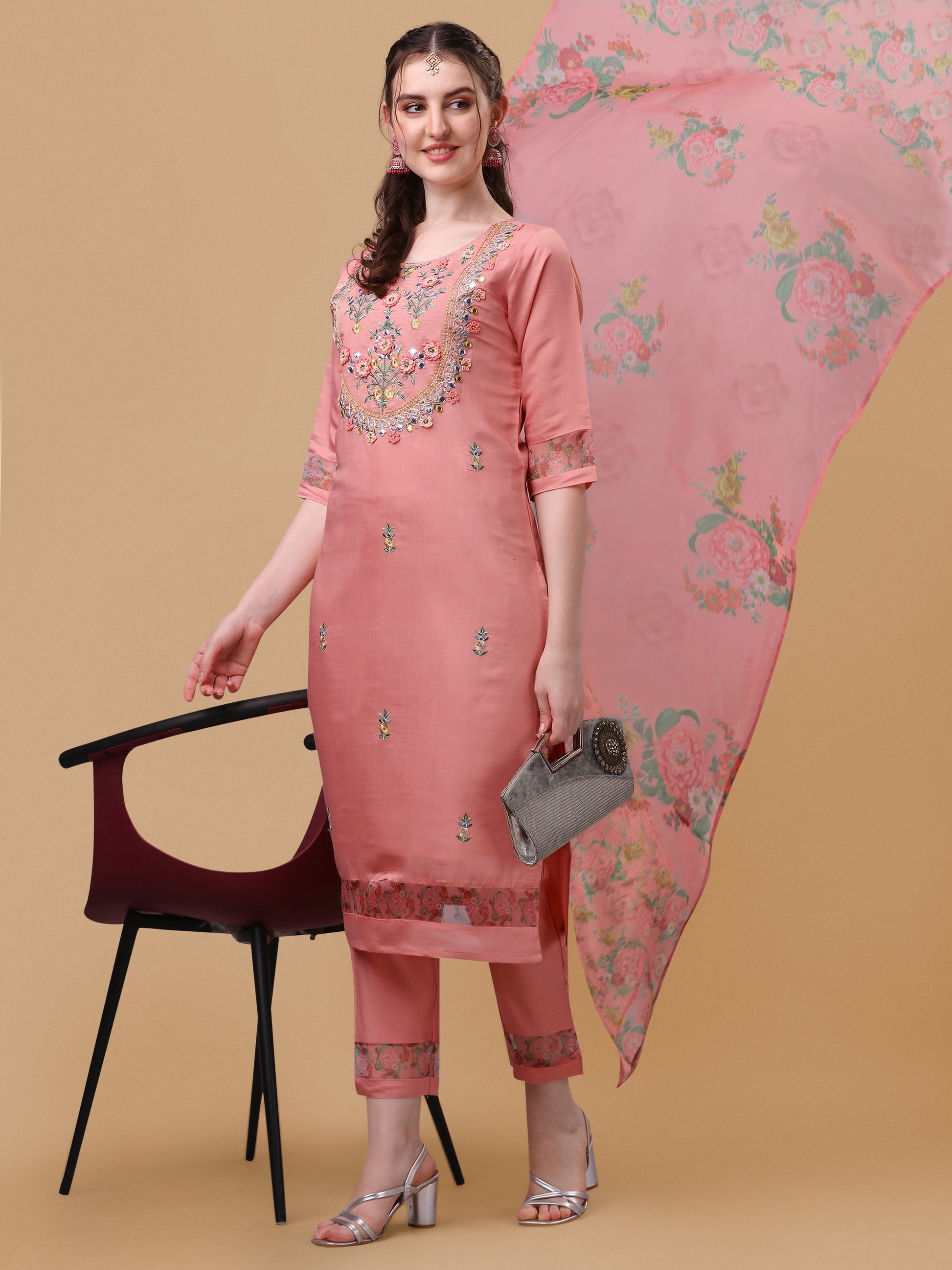 Embroidered Kurta With Pant & Dupatta Set, Multicolor - Hiral Fashion