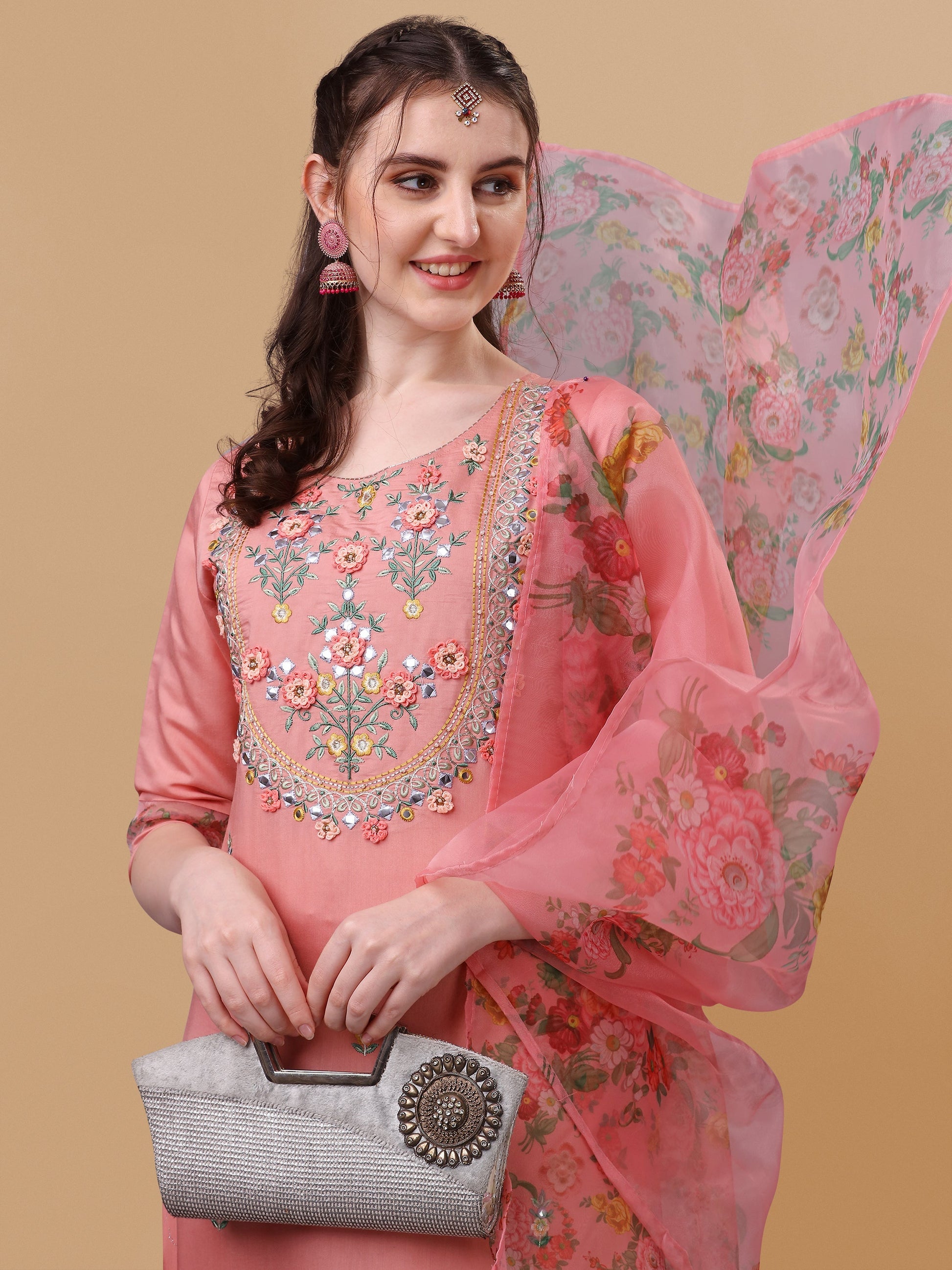 Embroidered Kurta With Pant & Dupatta Set, Multicolor - Hiral Fashion